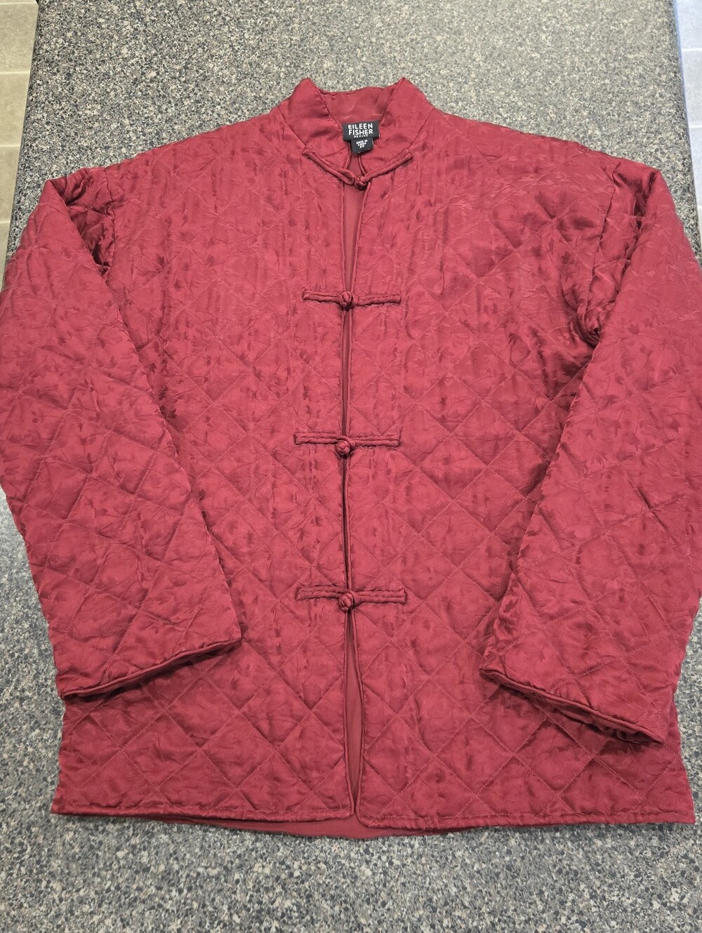 Eileen Fisher Petite PP Quilted Silk Frog Closure Jacket Burgundy Red